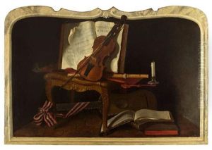 Les Attributs De La Musique Devant Une Cheminee De Marbre Blanc En Trompe-l'oeil