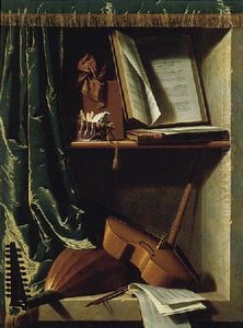 A Trompe L'oeil Of A Lute, A Violin And A Flute, With Books Of Music In A Curtained Stone Niche by Michel Boyer