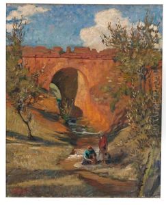 Sudliche Landschaft Mit Steinerner Bogenbrucke Und Katarakt, Im Vordergrund Frauen Mit Wasseramphoren by Otto Boyer