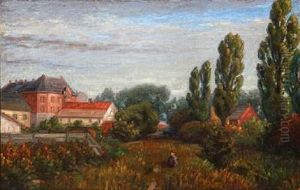 Landscape By Manor Houses With Boy Sitting In The Grass