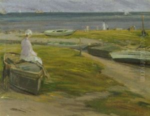 Strandparti Med Figurer, I Baggrunden Havet Strandparti Med Figurer, I Baggrunden Havet