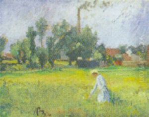Landskab Med Pige Der Plukker Blomster Pa Marken Landskab Med Pige Der Plukker Blomster Pa Marken
