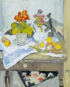 Opstilling Med Blomster, Kander Og Frugter Pa Et Bord by Peter Rostrup Boyesen