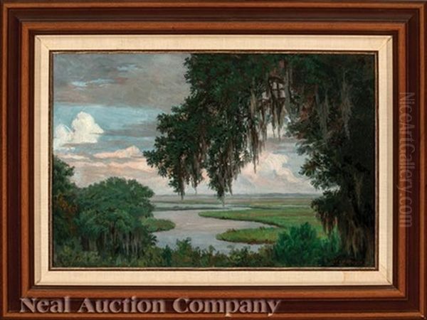 Oak Tree Draped With Spanish Moss, Louisiana Bayou Landscape - view 1