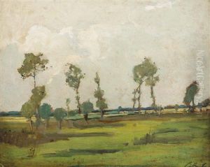 Feldlandschaft Mit Vereinzelten Baumen, Im Hintergrund Ein Dorf