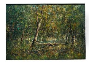 Blick Auf Waldlichtung Mit Weidendem Vieh. Dichtes Busch- Und Baumwerk. Flirrender Lichteinfall by George A. Boyle