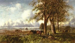 Wattlandschaft Mit Rastendem Bauer Bei Seinen Pferden