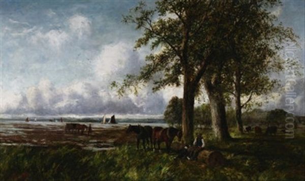 Weite Kustenlandschaft Bei Ebbe. Vorn Ein Rastender Bauer Bei Seinen Pferden - view 1