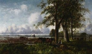 Weite Kustenlandschaft Bei Ebbe. Vorn Ein Rastender Bauer Bei Seinen Pferden
