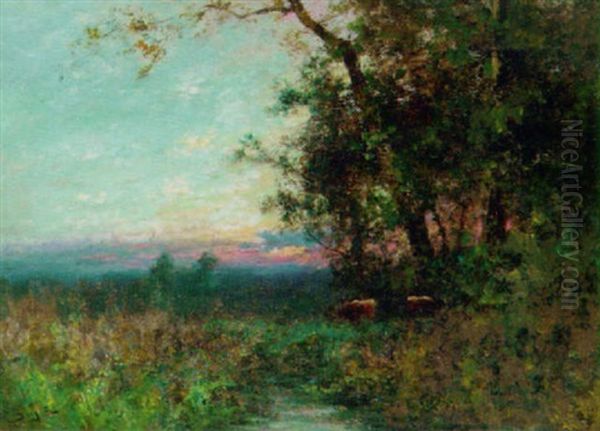 Cattle In A Water Meadow At Dusk - view 1