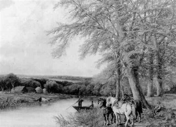 Extensive English Landscape With Figures Boating Across A Stream And Horses Resting On The Bank - view 1