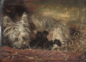 A Terrier And Puppies In A Stable by Robert L. Alexander