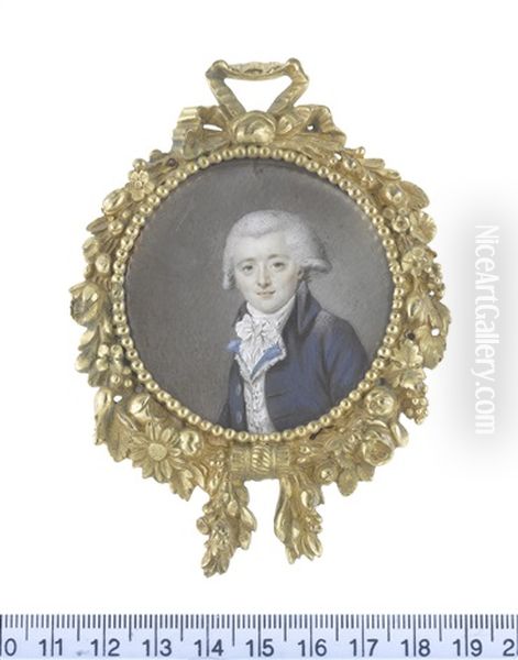 A Gentleman, Wearing Dark Blue Coat, White Figured Waistcoat With Blue Lapels, White Frilled Chemise, Stock And Tied Cravat, His Powdered Wig Worn En Queue - view 1