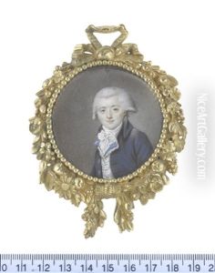 A Gentleman, Wearing Dark Blue Coat, White Figured Waistcoat With Blue Lapels, White Frilled Chemise, Stock And Tied Cravat, His Powdered Wig Worn En Queue