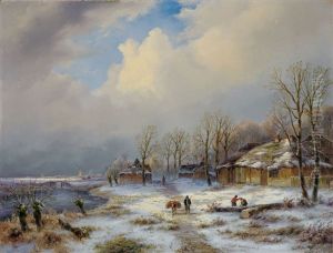 Winterliche Flusslandschaft Mit Reetgedeckten Katen, Personenstaffage Und Fernen Windmuhlen