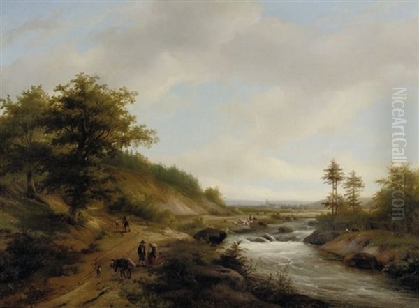 A Panoramic River Landscape With Travellers On A Path - view 1