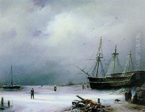 Figures Near A Tall Ship On A Frozen River