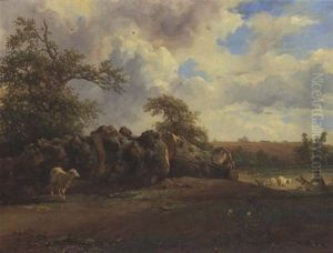 Hirte Mit Schafen Bei Einem Gefallten Baum