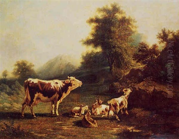 Vache, Boucs Et Chevres Dans Un Paysage Champetre - view 1