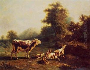 Vache, Boucs Et Chevres Dans Un Paysage Champetre by Jacques Raymond Bracassat