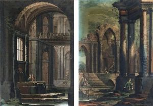 Veduta Di Fantasia Di Interno Di Chiesa Con Figure E Fontana (+ Capriccio Architettonico Con Rovine E Figure; Pair) by Mauro Braccioli
