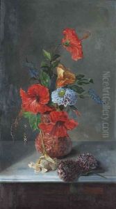 Hibiscus, Freesias, Dahlias, And Bluebells On A Marble Topped Sideboard by Jose Maria Bracho Murillo