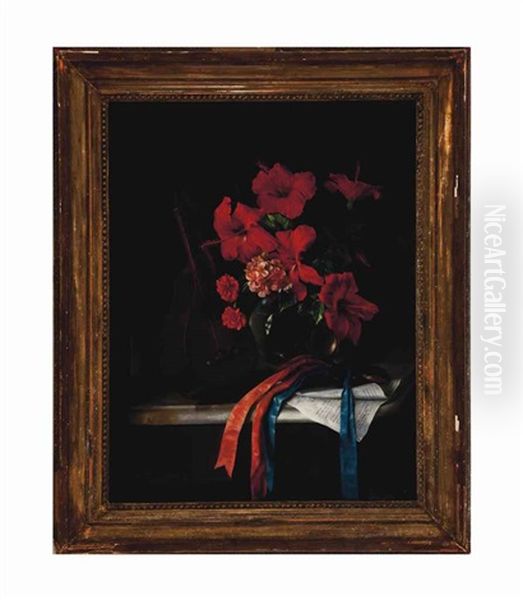 Still Life With Mandolin, Castagnets And Vase Of Hibiscus Flowers - view 1