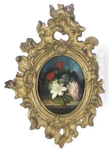 A Camelia, Forget-me-nots, Roses And Other Flowers On A Stone Ledge...(+ A Peony, Poppies, Dandelion And Other Flowers On A Wooden Ledge; 2 Works) by Jose Maria Bracho Murillo