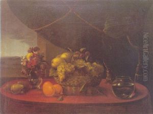 Bodegon De Frutas Y Flores Sobre Una Mesa by Jose Maria Bracho Murillo