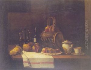 Bodegon De Ganadas, Cesta Y Botella De Vino Sobre Una Mesa
