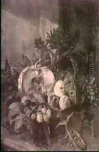 A Still Life With A Pumpkin, Cherries, Berries, Radish,     Peaches And Runes In Baskets On A Ledge, A Landscape Beyond