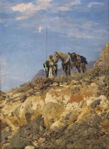Beduine Mit Pferd Als Kundschafter In Felsenlandschaft by Eugen Felix Prosper Bracht