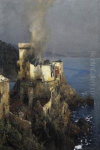Finale An Der Italienischen Riviera. Die Brennende Buraganlage Auf Der Felsnadel Am Meer by Eugen Felix Prosper Bracht