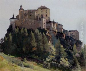 Schloss Tarasp Von Der Wiese Aus by Eugen Felix Prosper Bracht