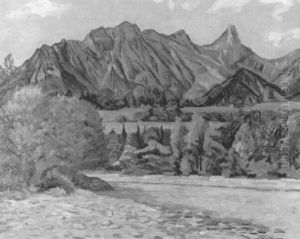 Steiniger Fluss Mit Stockhorn Und Einzelnem Haus by Max Eugen Brack