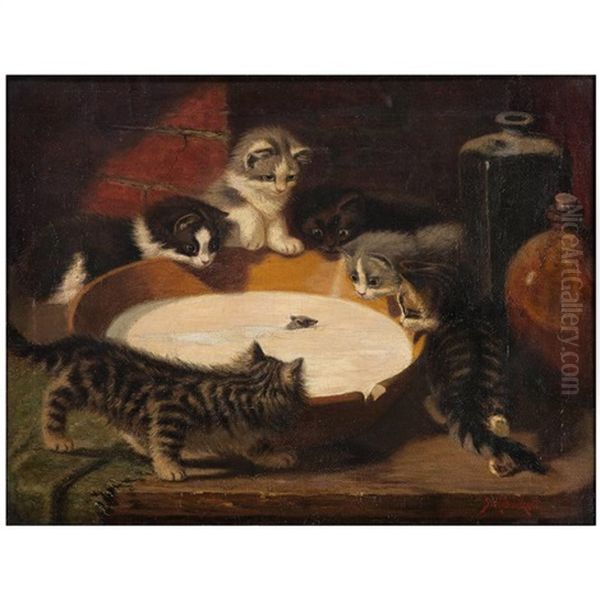 Kittens Around Milk Bowl With Mouse - view 1