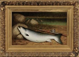 Trout, Rod And Reel On A Riverbank by Walter M. Brackett