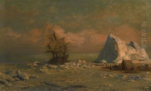 Shipping Vessel With Ice Floes And Figures by William Bradford