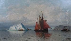 An Artic Iceberg And Fishermen With Clinker-planked Cape Island Type Boats And Sailing Boats Off The Coast Of Labrador