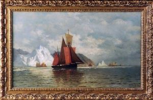 Sailing Vessels With Icebergs In Distance by William Bradford