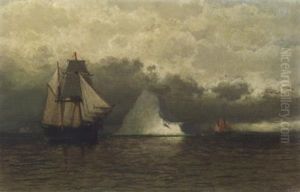 Whaler And Schooners Sailing Past Icebergs by William Bradford