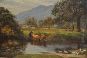 On The Falloch, Ben Vorlich, With Cattle Watering And Ducks In Foreground by Basil Bradley