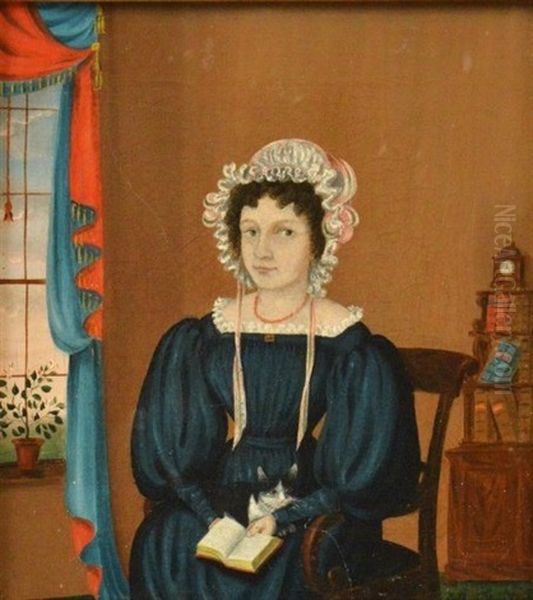 A Portrait Of A Young Lady In Blue Dress With Cat And Book - view 1