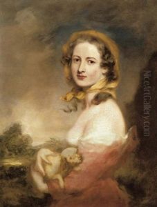 Portrait Of A Lady, Half-length, In A Red Dress And A Yellow Scarf, Holding A Dog, A Landscape Beyond