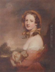 Portrait Of A Lady In A Red Dress And A Yellow Scarf, Holding A Dog, A Landscape Beyond