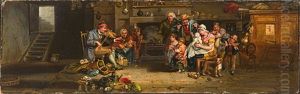 Genreszene Mit Groser Familie Und Zwei Geigenspielern In Landlicher Stube Vor Dem Kamin by Ferdinand de Braekeleer