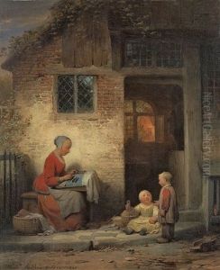 Eine Mutter Mit Zwei Kindern Vor Ihrem Hause by Ferdinand de Braekeleer