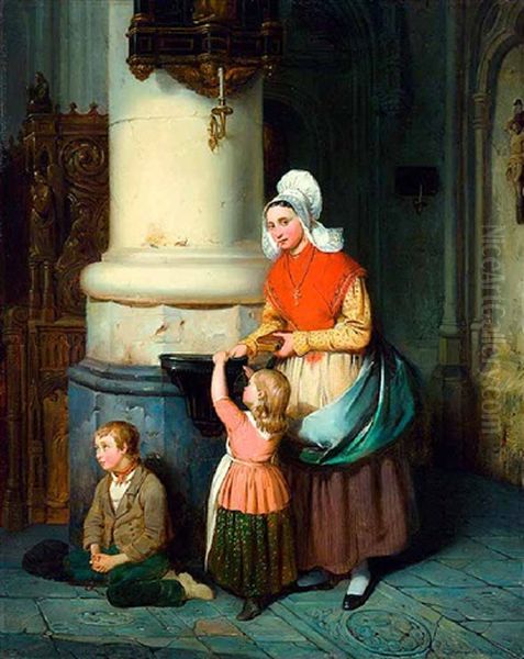 Mutter Mit Kind In Einer Kirche, An Einer Saule Sitzt Ein Bettelknabe - view 1