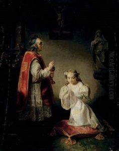 La Premiere Communion. Vers La Droite, Une Statue De Sainte Francoise Romaine by Ferdinand de Braekeleer