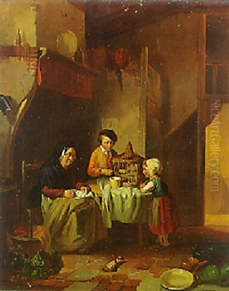 Children Playing With A Bird In A Kitchen - view 1